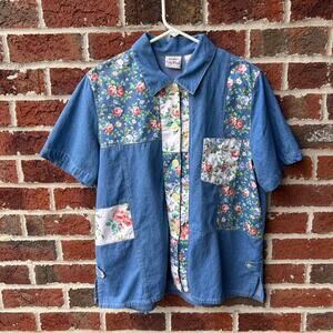Vintage Koret Denim Floral Patchwork Button Down Shirt Size L